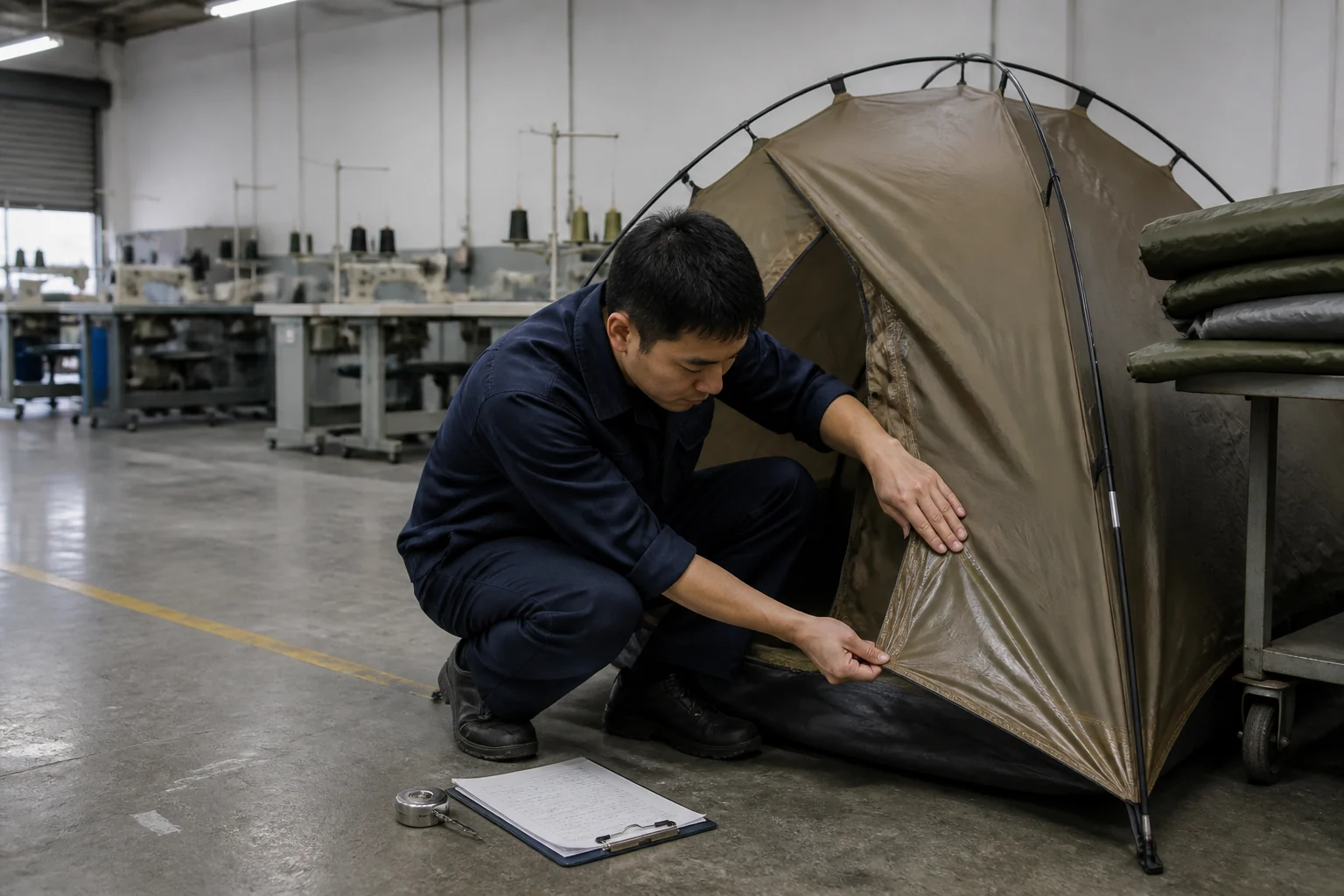 Xinqiu QC inspector checking taped seams on a camping tent at the Ningbo factory